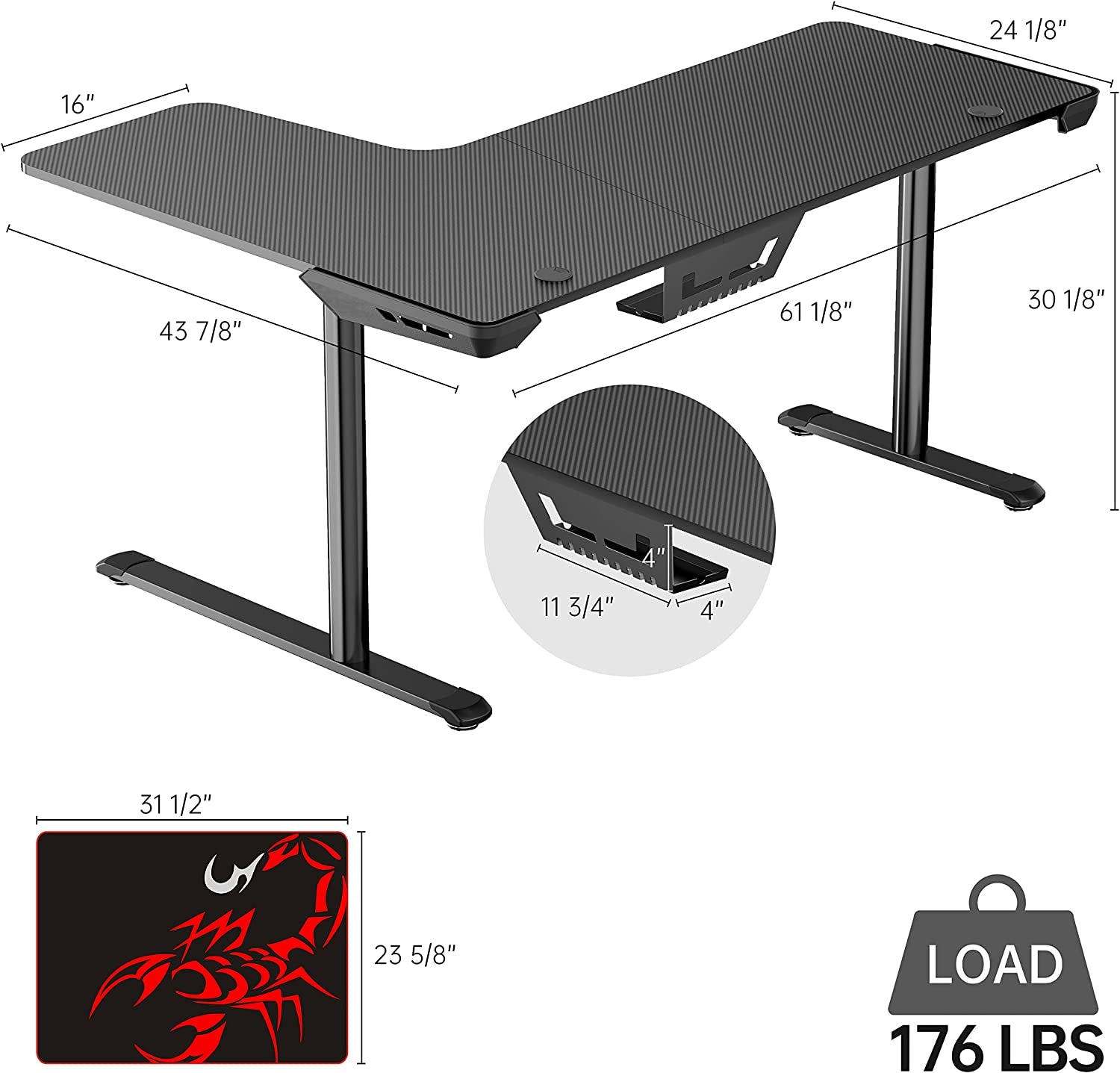 Eureka Ergonomic L-Shaped Gaming Desk, 60-Inch Home Office Corner PC Table with Mouse Pad and Cable Management, Space-Saving Design, Easy Assembly, Right Black