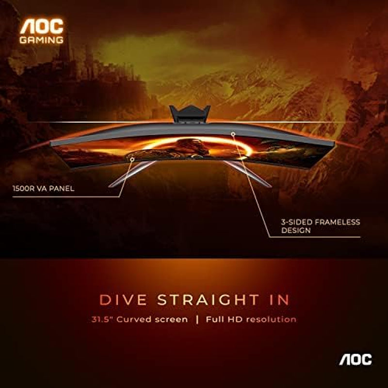 AOC C32G2 32" Curved Frameless Gaming Monitor FHD, 1500R Curved VA, 1Ms, 165Hz, Freesync, Height Adjustable, 3-Year Zero Dead Pixel Policy, Black