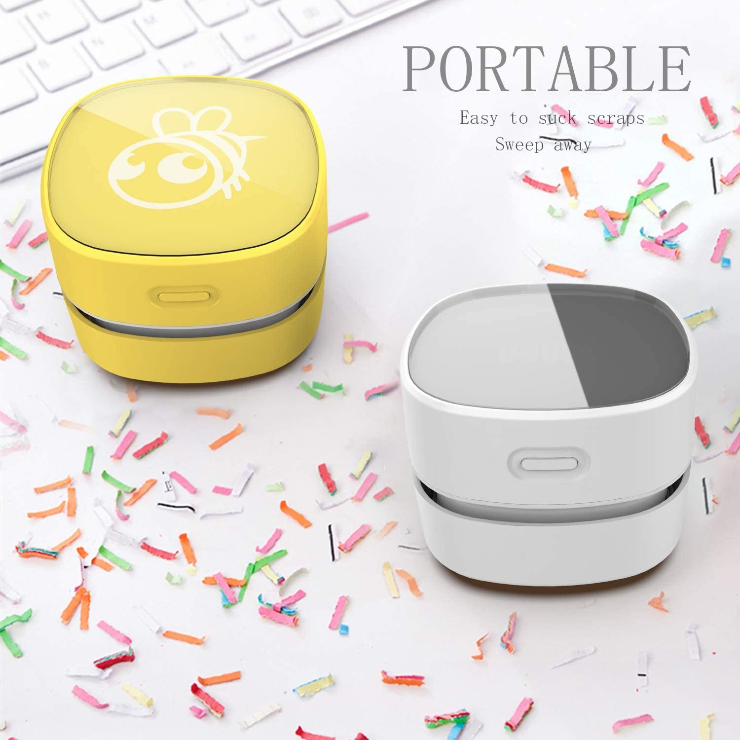 ODISTAR Cordless Mini Desktop Vacuum Cleaner with 360º Rotatable Design, Energy Efficient and Long-Lasting Battery Life for Home, Office, and School Use (White AA Battery)