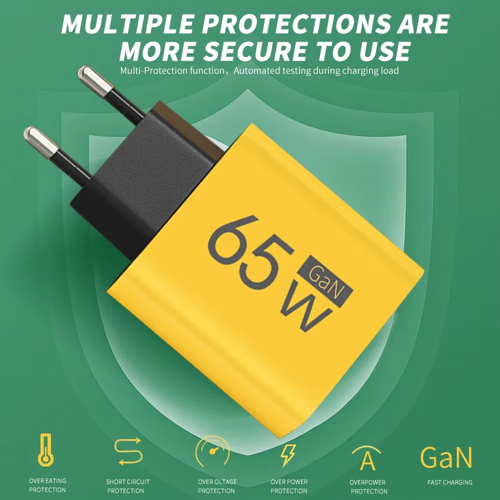 65W Gan USB C Charger 3 Ports Fast Charging Type C Phone Charger Adapter for Iphone 15 Samsung Xiaomi Huawei Quick Wall Charger