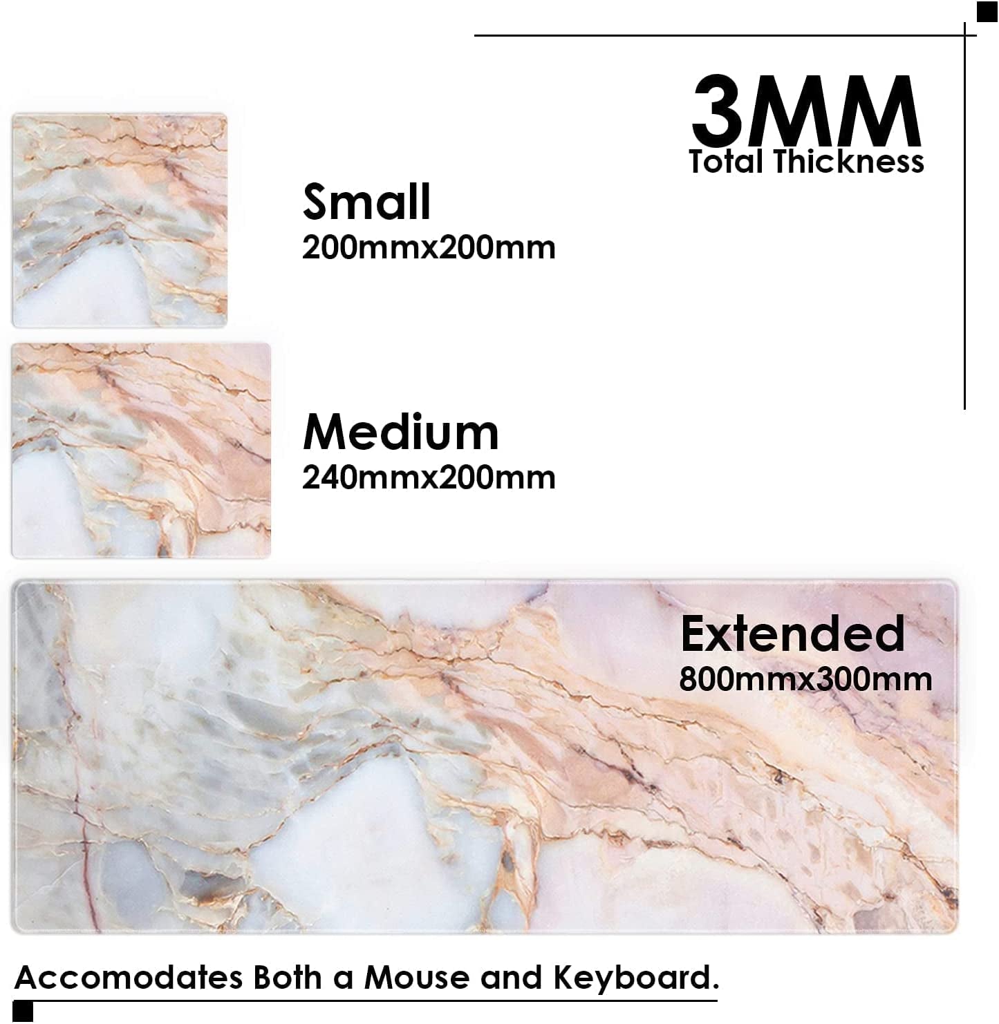 Oversized Pink Marble Gaming Mouse Pad - Extended Non-Slip Rubber Desk Mat with Stitched Edges (31.5" x 11.8" x 0.12")