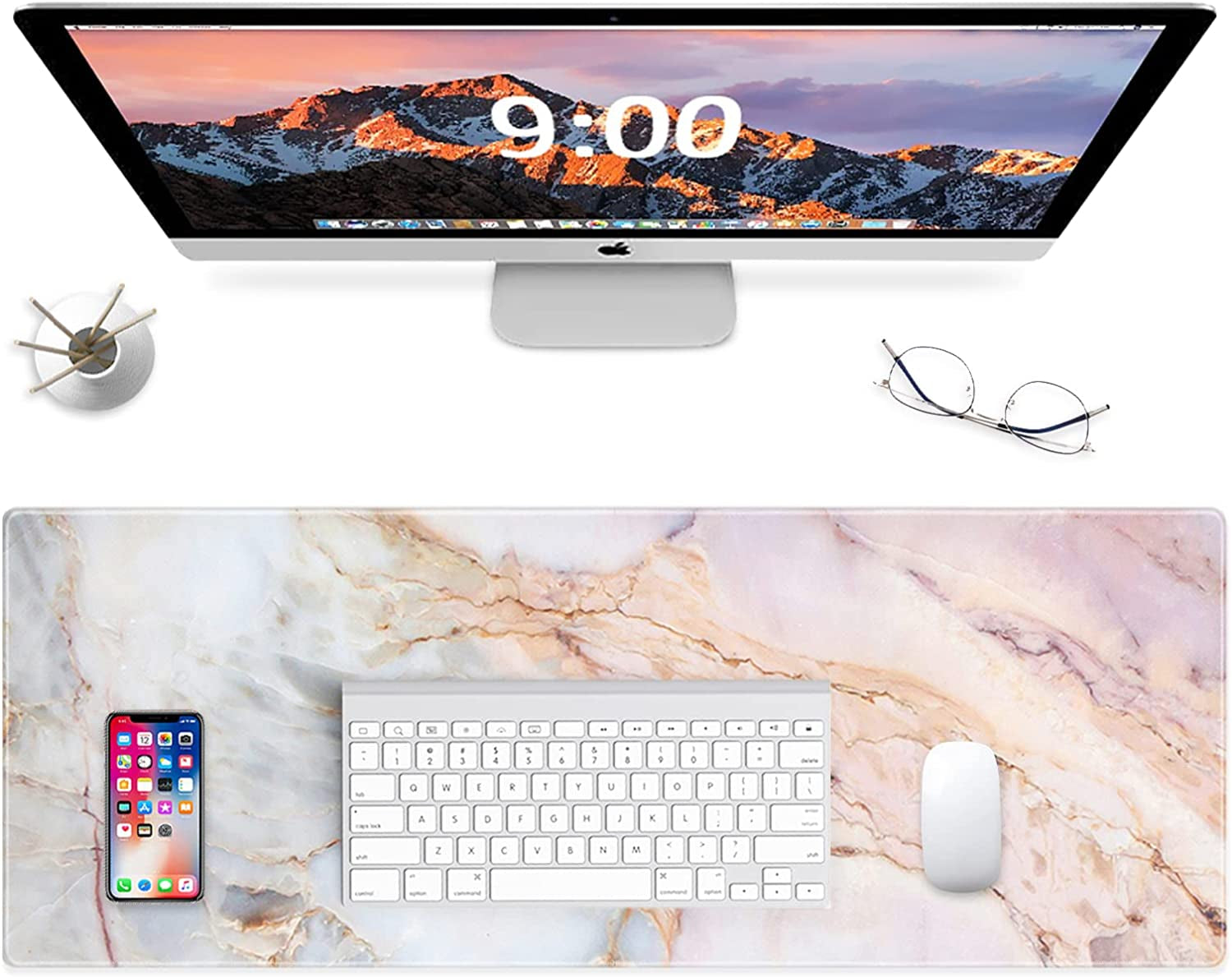 Oversized Pink Marble Gaming Mouse Pad - Extended Non-Slip Rubber Desk Mat with Stitched Edges (31.5" x 11.8" x 0.12")
