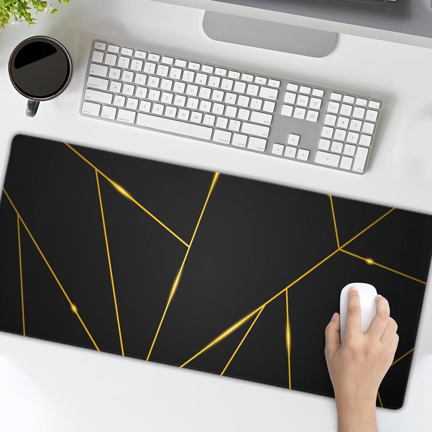 Extended XL Gaming Mouse Pad 31.5 x 11.8 Inches with Stitched Edges, Waterproof Black Geometric Design, Non-Slip Rubber Base, Ideal for Work, Office, and Home Use