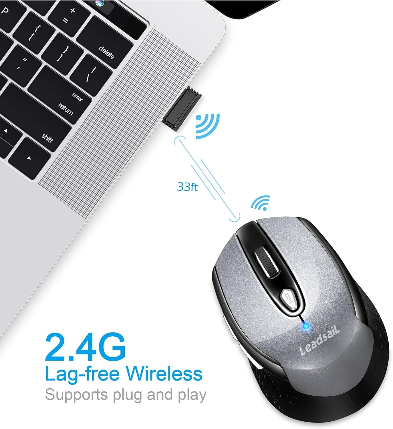 Leadsail Wireless Slim Mouse for Laptop - 2.4GHz Portable Cordless Design with 6 Buttons, Low Noise, Compatible with Windows and Mac Systems