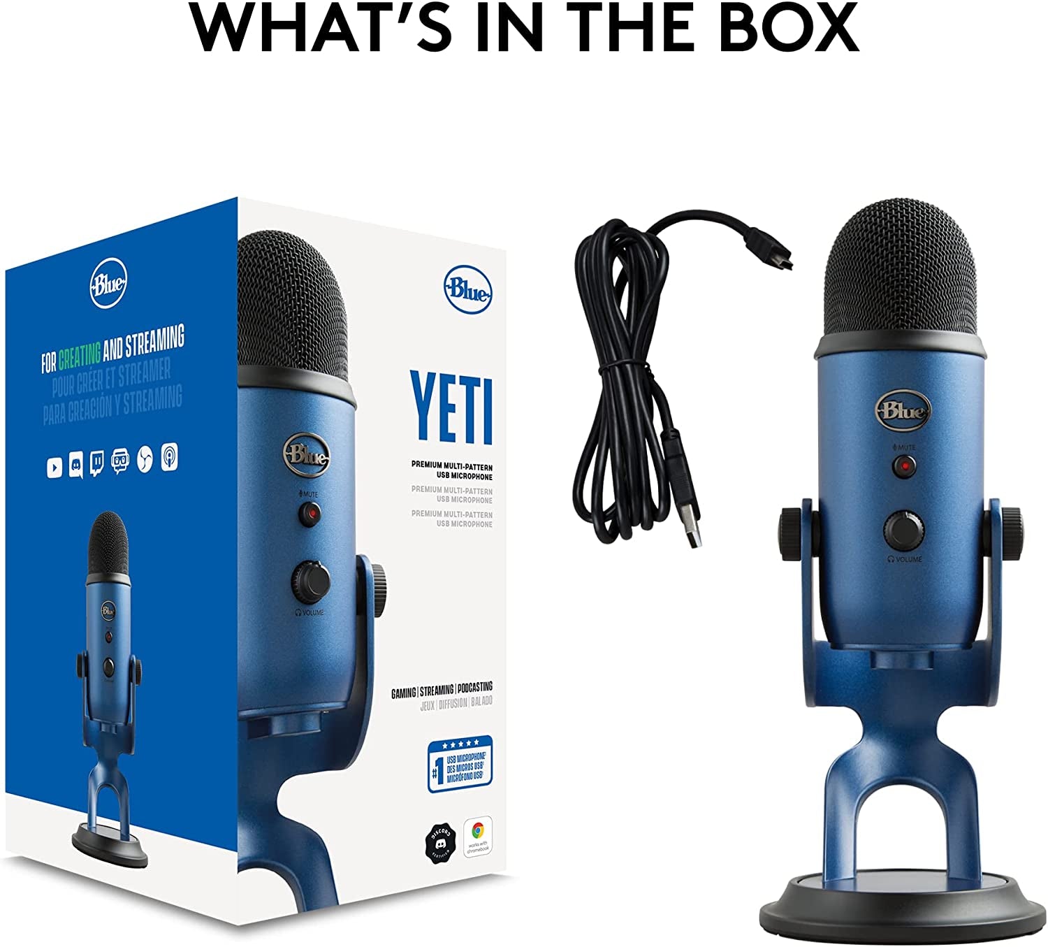 Logitech for Creators Blue Yeti USB Microphone - Versatile Studio and Condenser Mic for PC, Mac, Gaming, Recording, Streaming, and Podcasting with VO!CE Effects and 4 Pickup Patterns - Midnight Blue